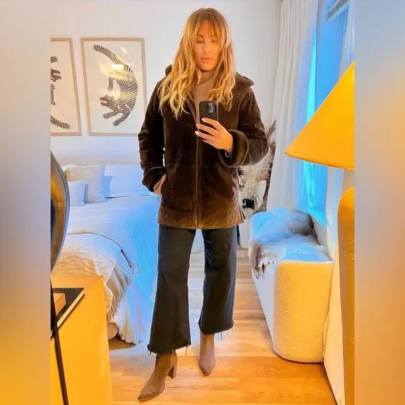 Suede leather brown fur lined jacket - Picture 3 of 14